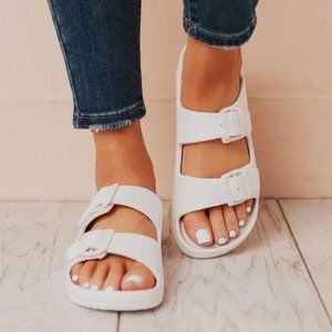 NEW Adjustable Double Buckled Straps Comfy Slip On Slides Slippers Sandals White